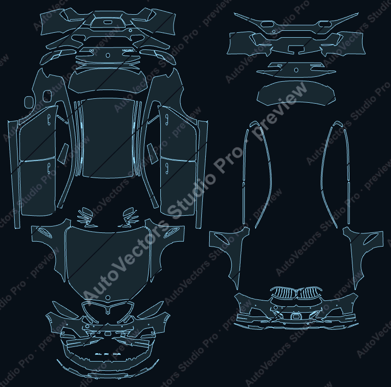BMW Alpina B8 Grand 2023 coupe precut PPF pattern – watermarked preview from the cutting software