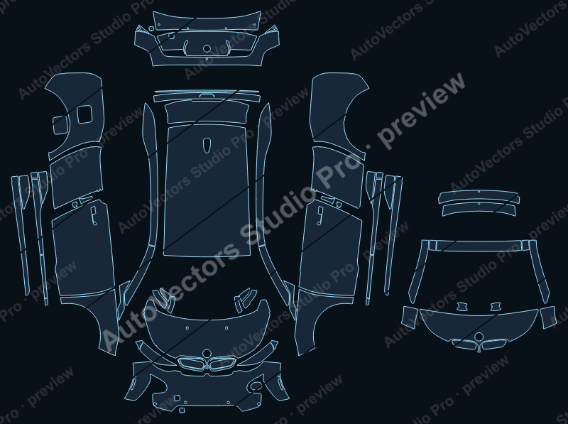 BMW i3 2014 full kit precut PPF pattern – watermarked preview from the cutting software
