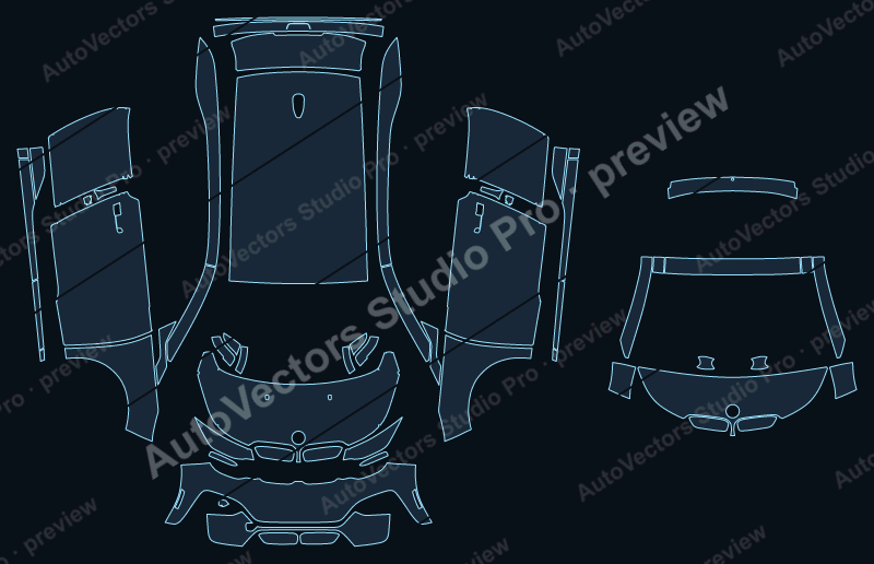BMW i3 2018 full kit precut PPF pattern – watermarked preview from the cutting software