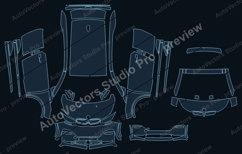 BMW I3S 2018 full kit precut PPF pattern – watermarked preview from the cutting software
