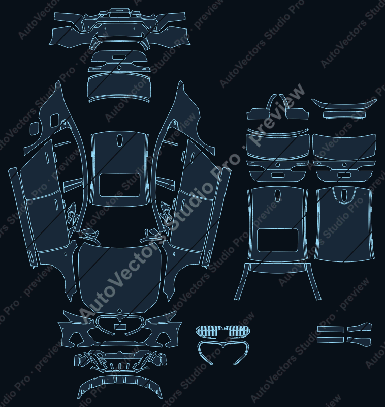 BMW i5 M Sport G60 2024 sedan precut PPF pattern – watermarked preview from the cutting software