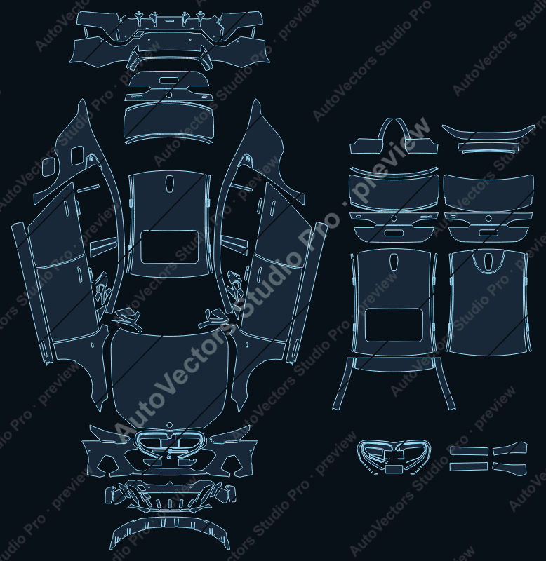 BMW i5 M60 G60 2024 sedan precut PPF pattern – watermarked preview from the cutting software