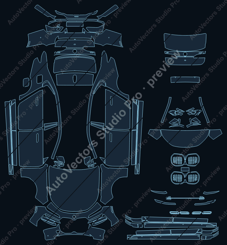 BMW i7 Luxury USA 2023 sedan full kit precut PPF pattern – watermarked preview from the cutting software