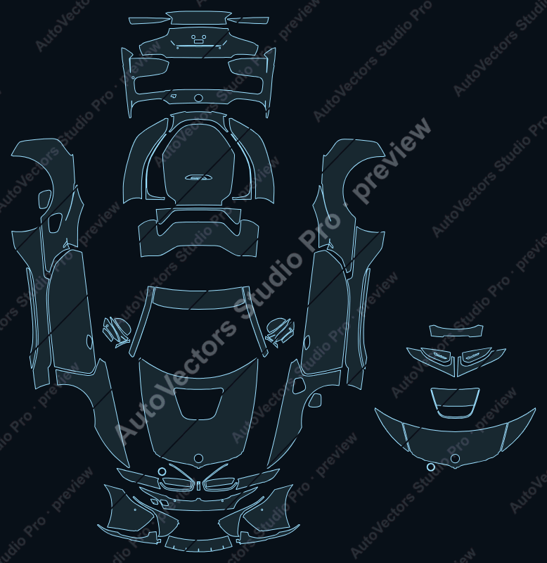BMW i8 Base 2014 coupe full kit precut PPF pattern – watermarked preview from the cutting software