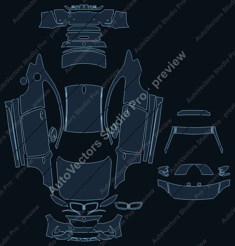 BMW M2 Competition 2019 coupe precut PPF pattern – watermarked preview from the cutting software