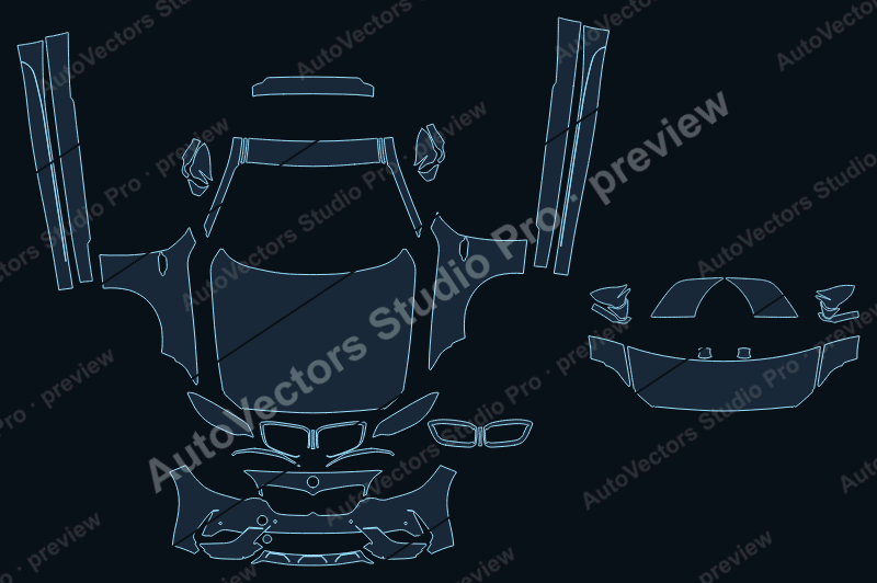 BMW M2 Competition 2019 coupe front kit precut PPF pattern – watermarked preview from the cutting software