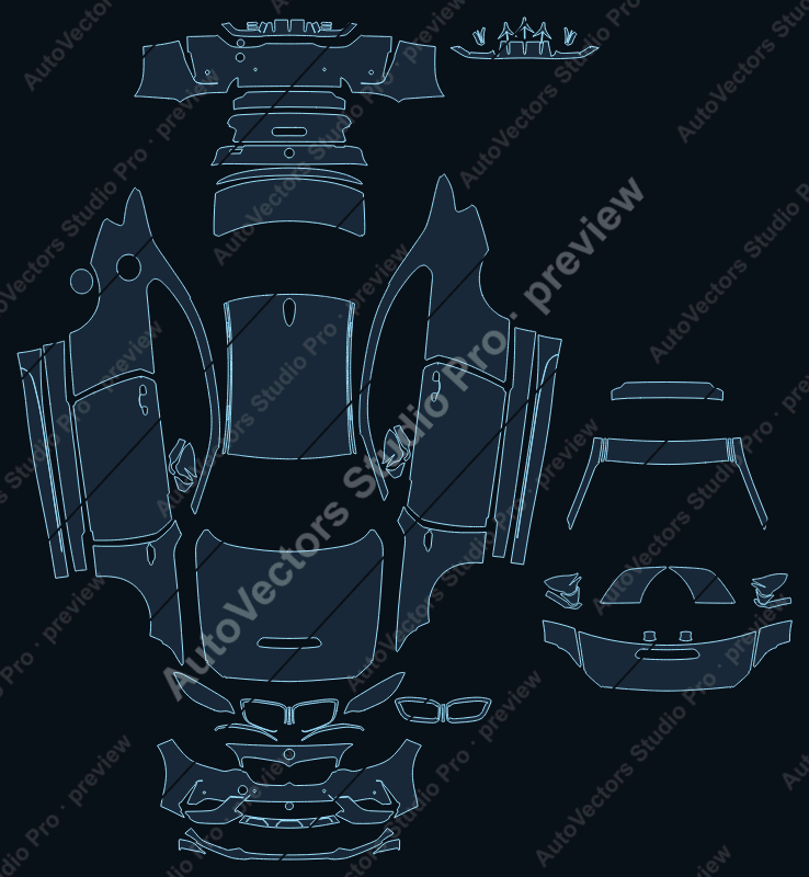 BMW M2 Competition CS 2020 coupe full kit precut PPF pattern – watermarked preview from the cutting software