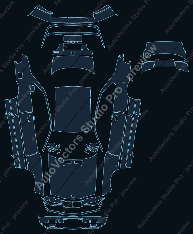 BMW M3 1992 coupe full kit precut PPF pattern – watermarked preview from the cutting software