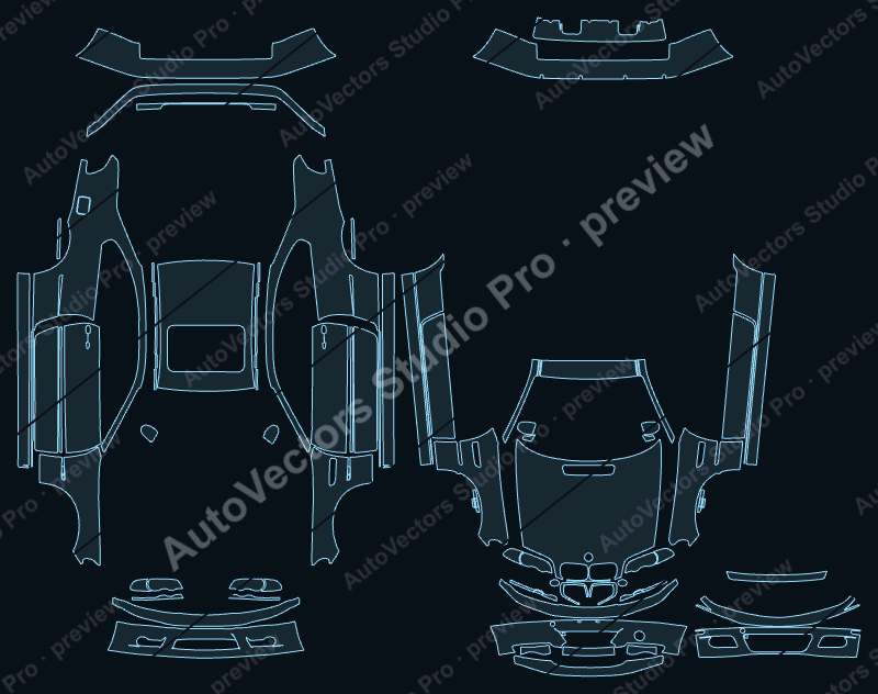 BMW M3 2000 coupe precut PPF pattern – watermarked preview from the cutting software