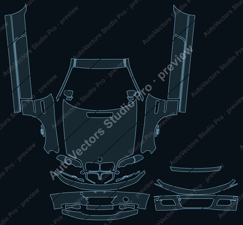 BMW M3 2001 coupe front kit precut PPF pattern – watermarked preview from the cutting software