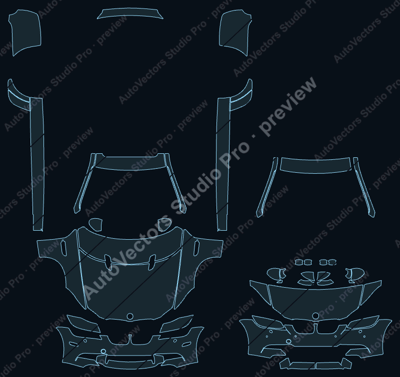 BMW M3 2008 sedan precut PPF pattern – watermarked preview from the cutting software