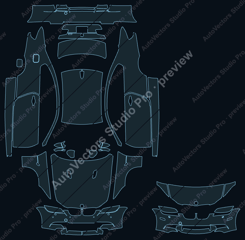 BMW M3 2008 coupe precut PPF pattern – watermarked preview from the cutting software