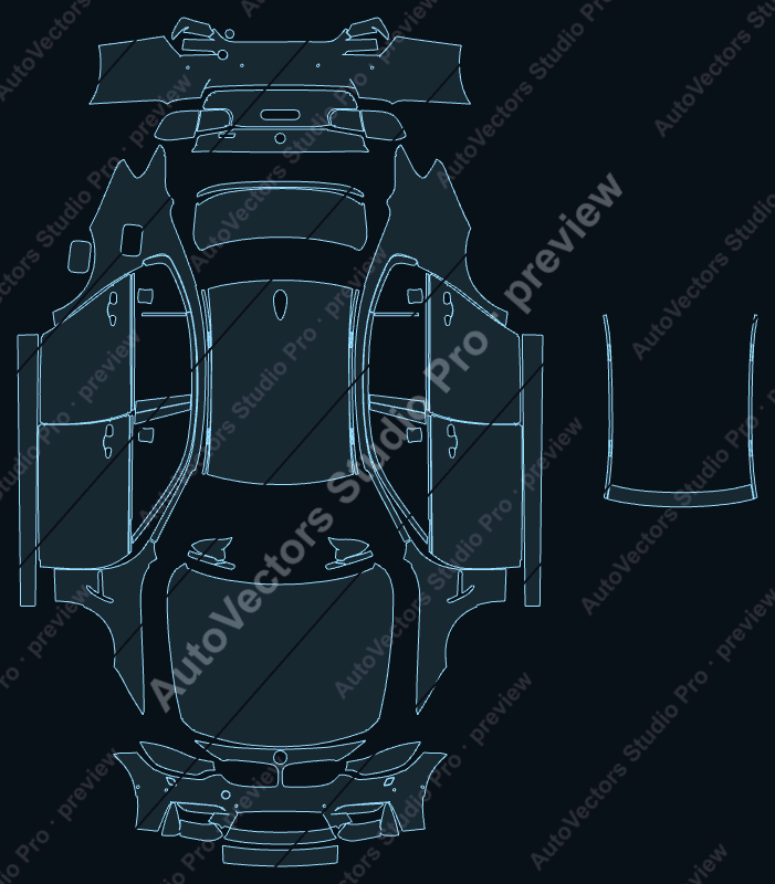 BMW M3 2014 saloon precut PPF pattern – watermarked preview from the cutting software