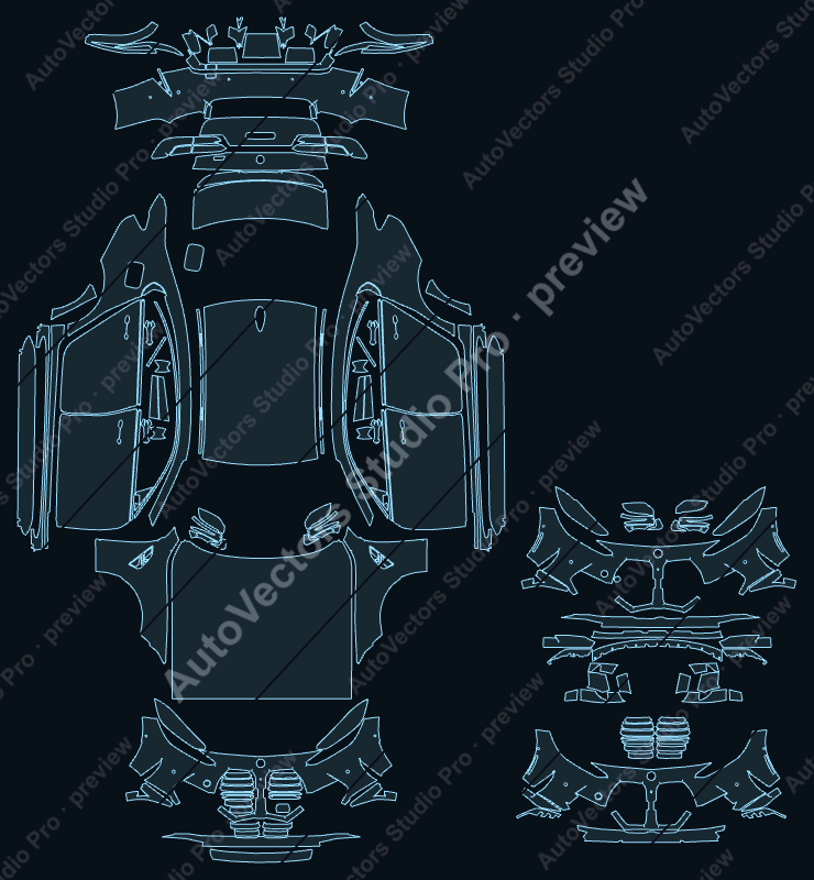 BMW M3 Competition LCI 2024 sedan precut PPF pattern – watermarked preview from the cutting software