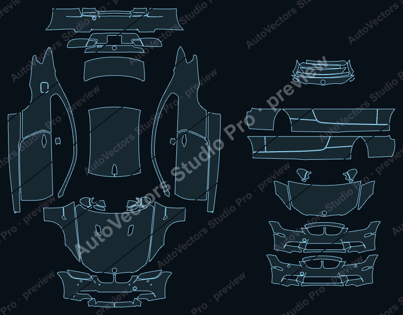 BMW M3 E92 Facelift 2011 coupe precut PPF pattern – watermarked preview from the cutting software