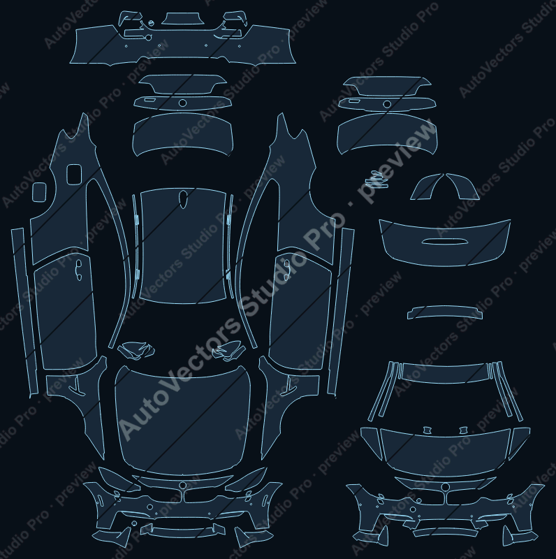BMW M4 2015 coupe full kit precut PPF pattern – watermarked preview from the cutting software