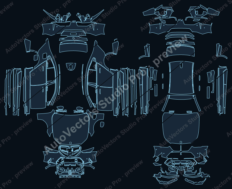BMW M5 2025 precut PPF pattern – watermarked preview from the cutting software