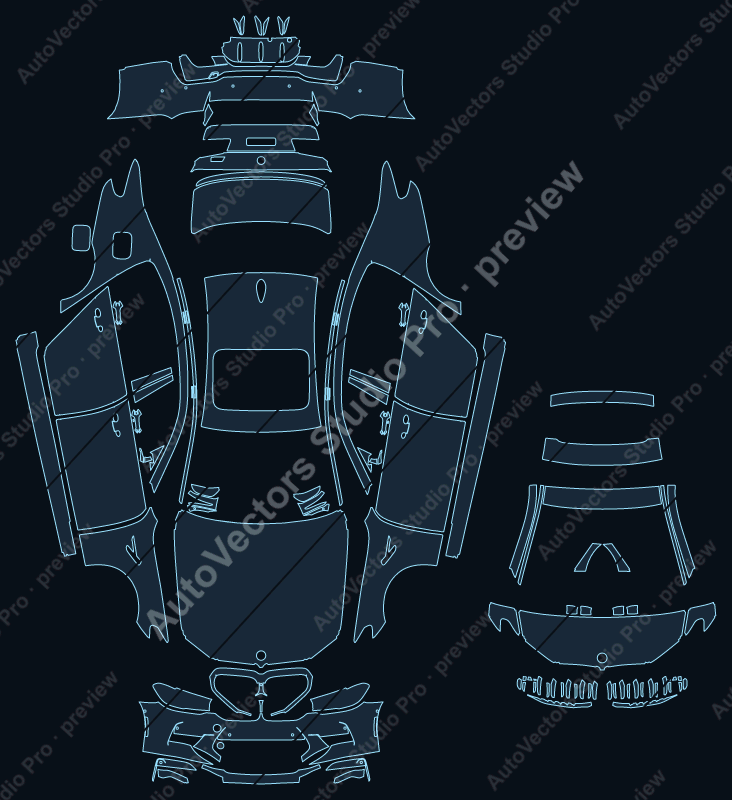 BMW M5 Competition 2021 full kit precut PPF pattern – watermarked preview from the cutting software