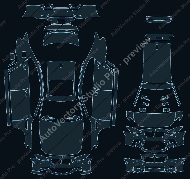 BMW M5 F10 2011 sedan precut PPF pattern – watermarked preview from the cutting software