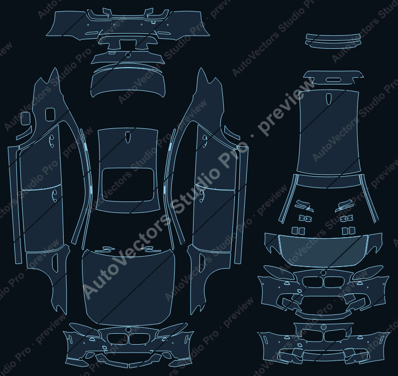 BMW M5 F10 Facelift 2014 sedan precut PPF pattern – watermarked preview from the cutting software