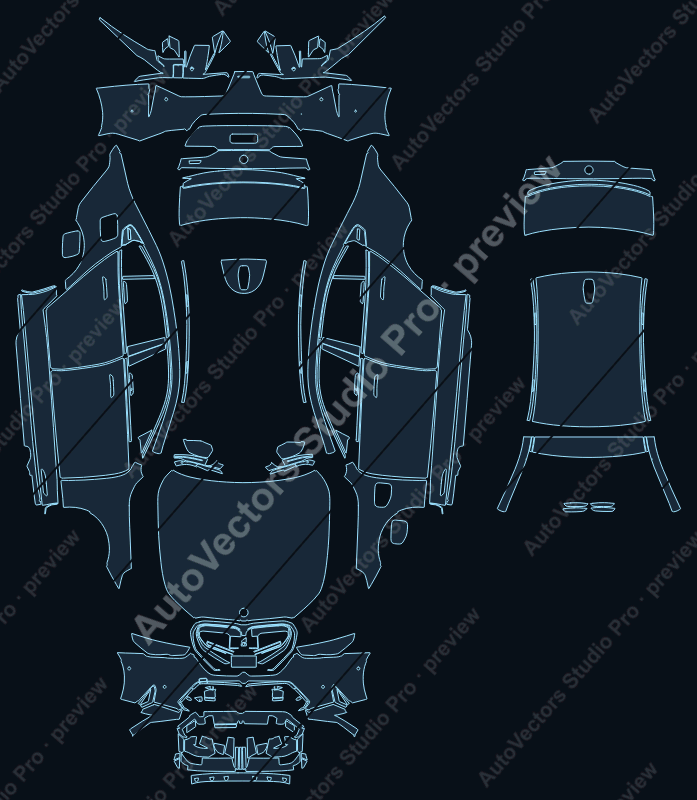 BMW M5 G90 2025 sedan precut PPF pattern – watermarked preview from the cutting software
