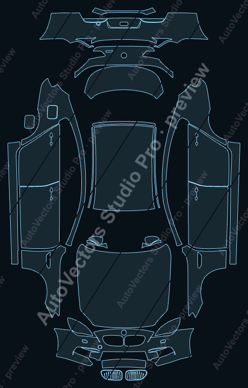 BMW M6 2015 sedan precut PPF pattern – watermarked preview from the cutting software