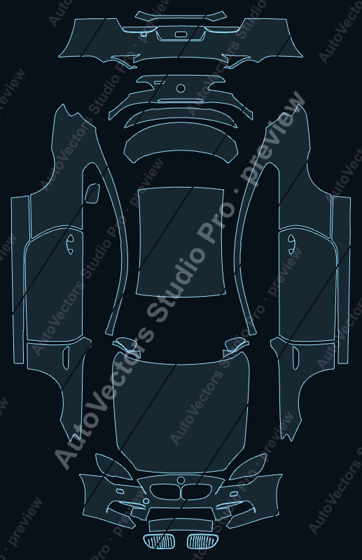 BMW M6 2015 coupe precut PPF pattern – watermarked preview from the cutting software