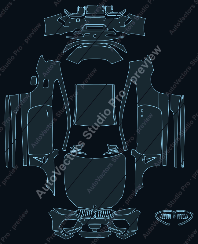 BMW M8 2022 coupe precut PPF pattern – watermarked preview from the cutting software