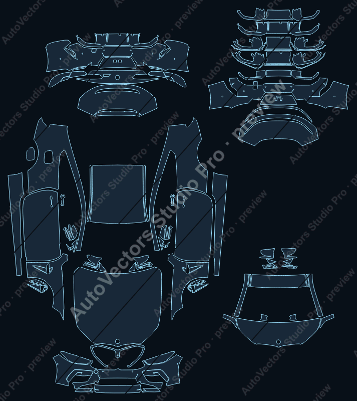 BMW M8 Competition 2019 coupe full kit precut PPF pattern – watermarked preview from the cutting software
