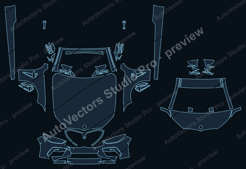 BMW M8 Competition G14 2019 convertible front kit precut PPF pattern – watermarked preview from the cutting software