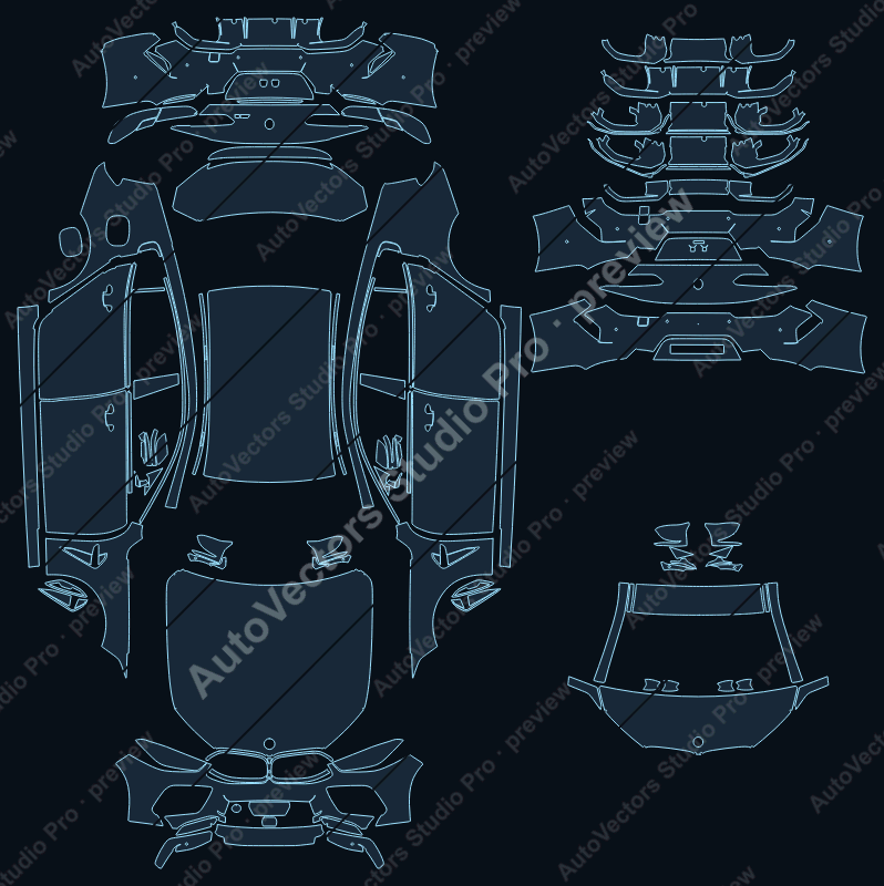 BMW M8 Competition LCI F93 2022 gran coupe precut PPF pattern – watermarked preview from the cutting software