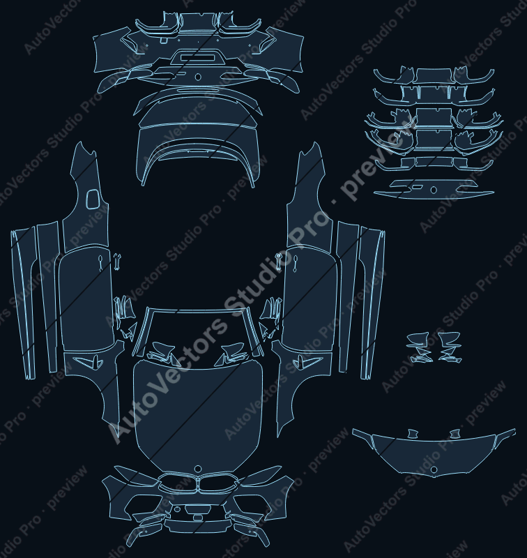 BMW M8 Competition LCI G14 2023 convertible precut PPF pattern – watermarked preview from the cutting software