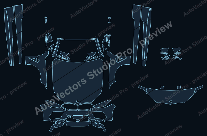 BMW M8 Competition LCI G14 2023 convertible front kit precut PPF pattern – watermarked preview from the cutting software