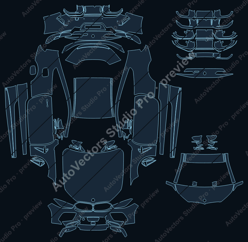 BMW M8 Competition LCI G15 2022 coupe precut PPF pattern – watermarked preview from the cutting software