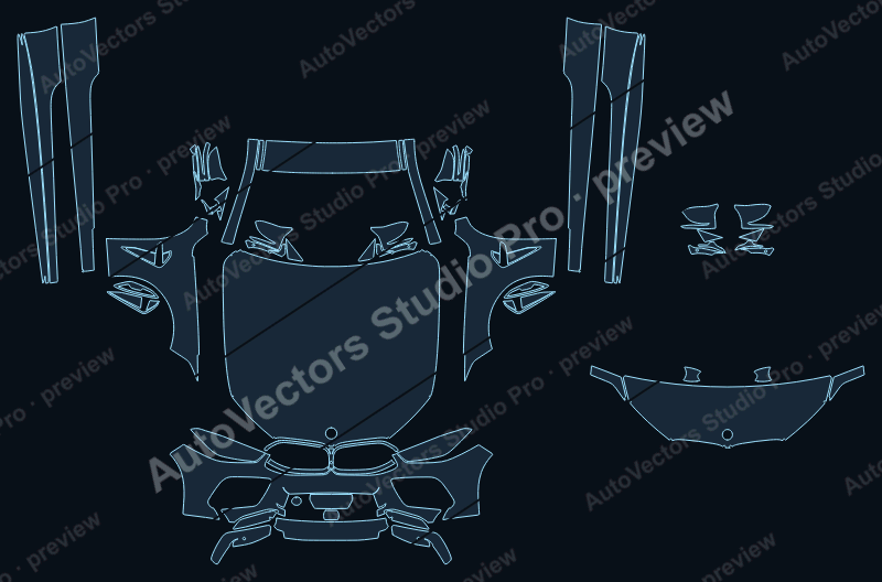 BMW M8 Competition LCI G15 2022 coupe front kit precut PPF pattern – watermarked preview from the cutting software