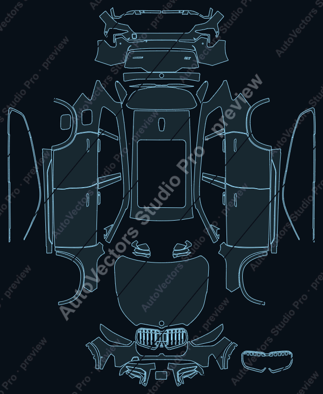 BMW X1 Base 2023 precut PPF pattern – watermarked preview from the cutting software