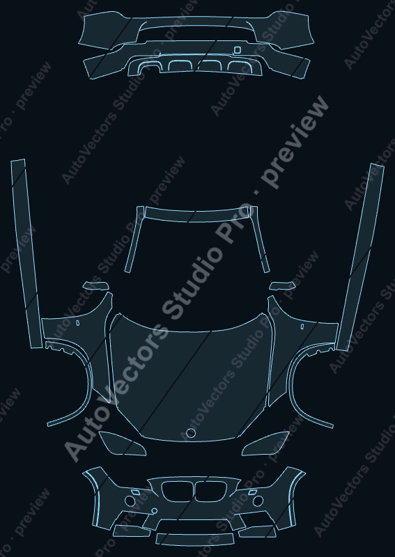 BMW X1 M Sport 2012 precut PPF pattern – watermarked preview from the cutting software