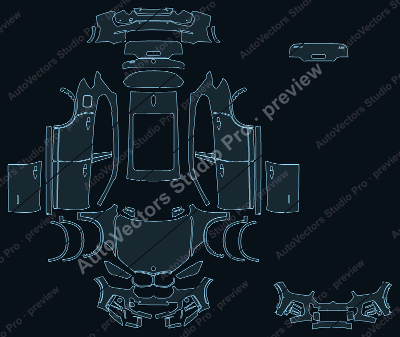 BMW X1 M-Sport 2019 precut PPF pattern – watermarked preview from the cutting software