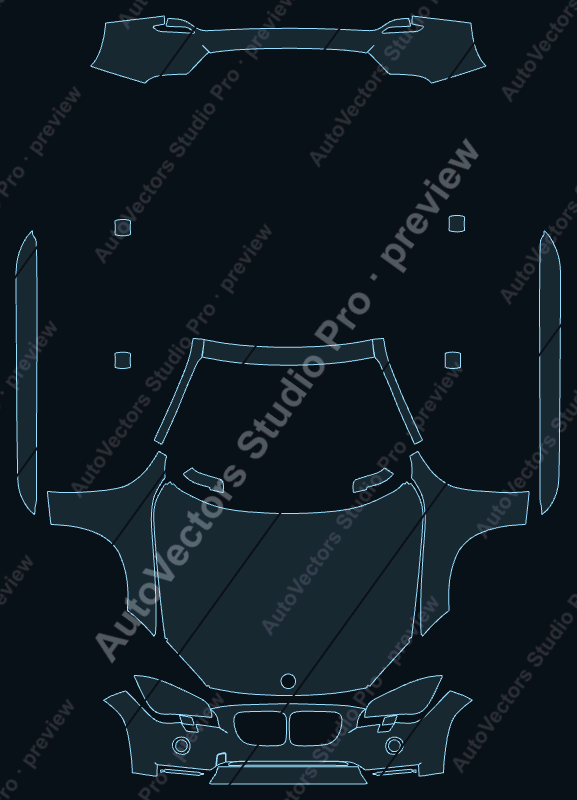 BMW X1 SE-Sport-XLine 2012 front kit precut PPF pattern – watermarked preview from the cutting software