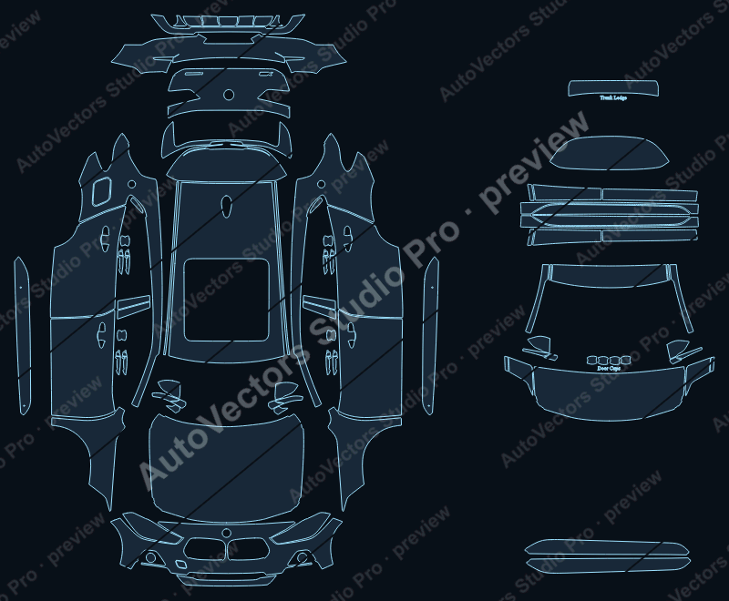 BMW X2 F39 Sport Line SAC 2018 precut PPF pattern – watermarked preview from the cutting software