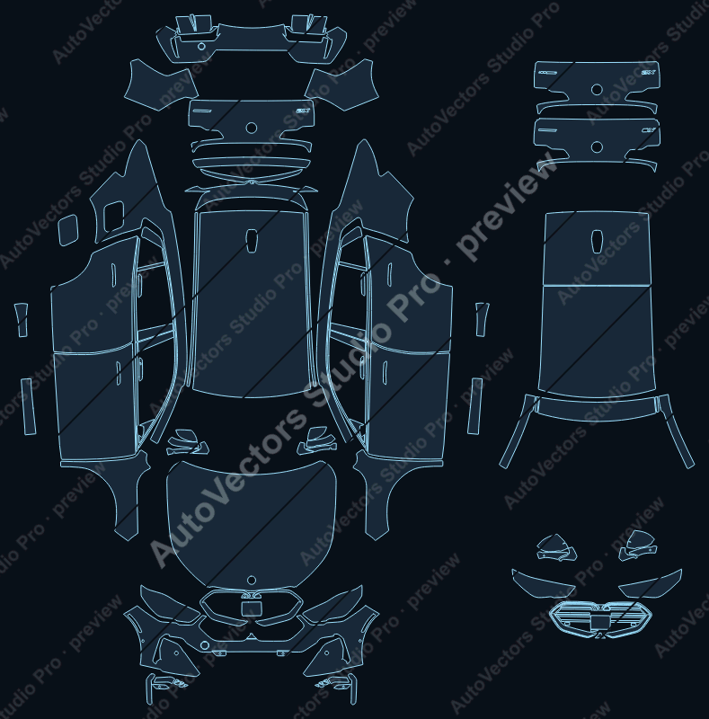 BMW X2 U10 2024 SUV precut PPF pattern – watermarked preview from the cutting software