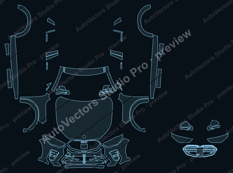 BMW X2 U10 M Sport 2024 SUV front kit precut PPF pattern – watermarked preview from the cutting software