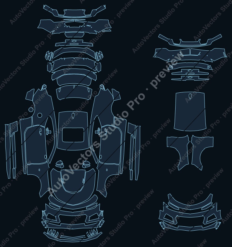 Chevrolet Camaro Alpha ZL1 1LE 2020 coupe precut PPF pattern – watermarked preview from the cutting software