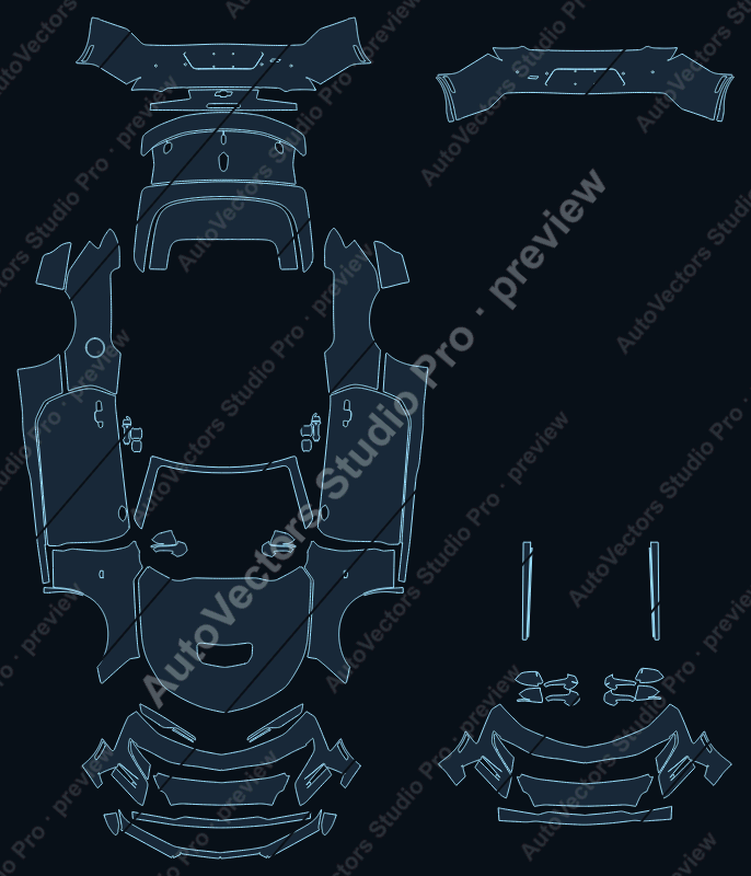 Chevrolet Camaro GM Alpha SS Facelift 2019 convertible precut PPF pattern – watermarked preview from the cutting software