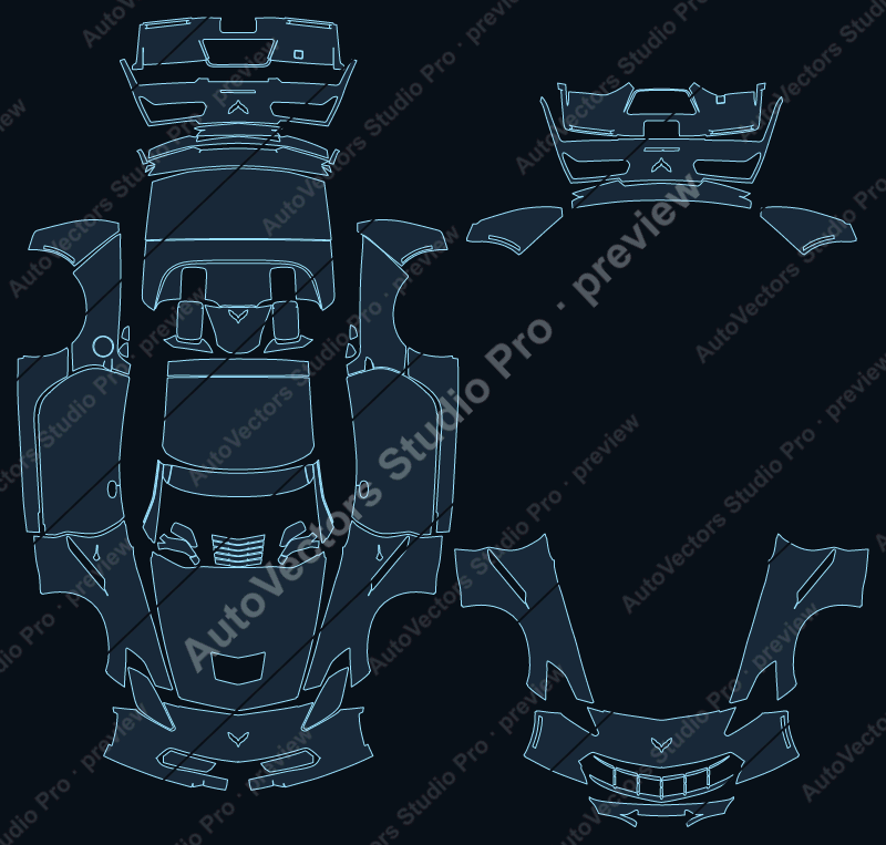 Chevrolet Corvette C7 Stingray 2014 convertible precut PPF pattern – watermarked preview from the cutting software