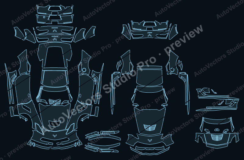 Chevrolet Corvette C7 Z06 2015 coupe precut PPF pattern – watermarked preview from the cutting software