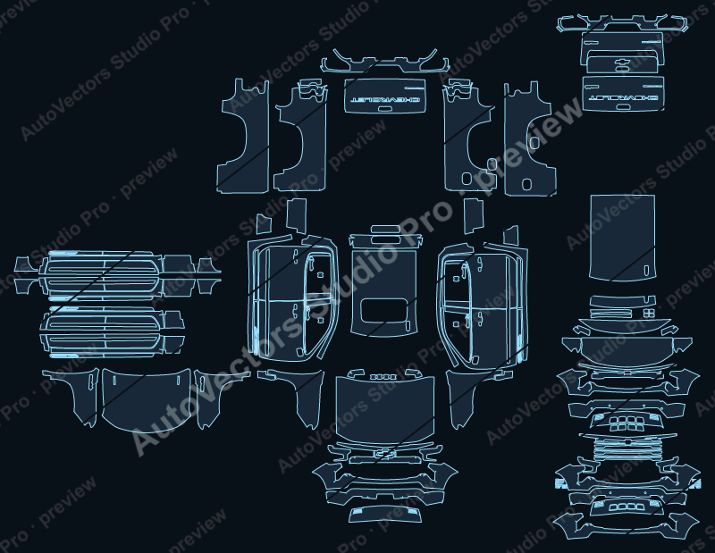 Chevrolet Silverado 1500 High Country 2023 precut PPF pattern – watermarked preview from the cutting software