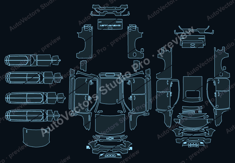 Chevrolet Silverado 1500 Rst-Ltz 2023 precut PPF pattern – watermarked preview from the cutting software