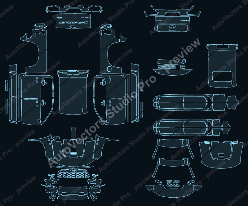 Chevrolet Silverado 1500 ZR2 2023 precut PPF pattern – watermarked preview from the cutting software