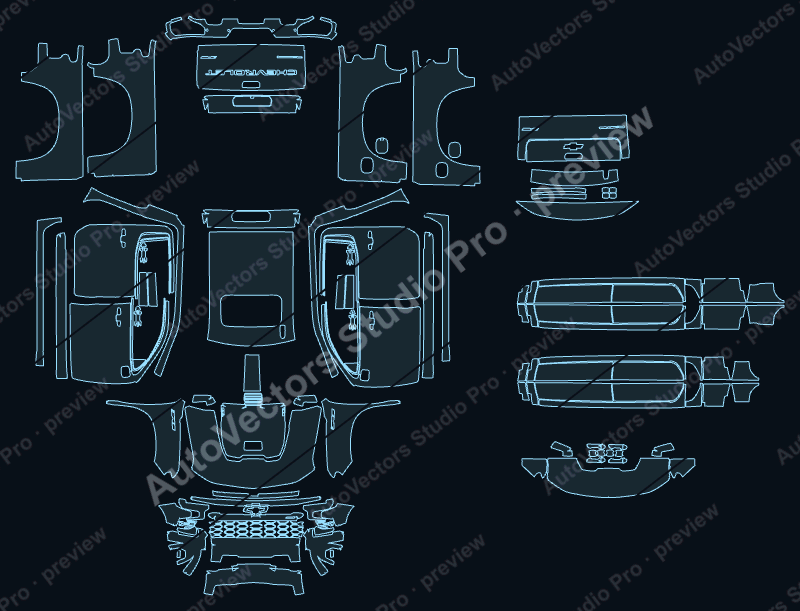Chevrolet Silverado 1500 ZR2 Crew Cab 2022 precut PPF pattern – watermarked preview from the cutting software